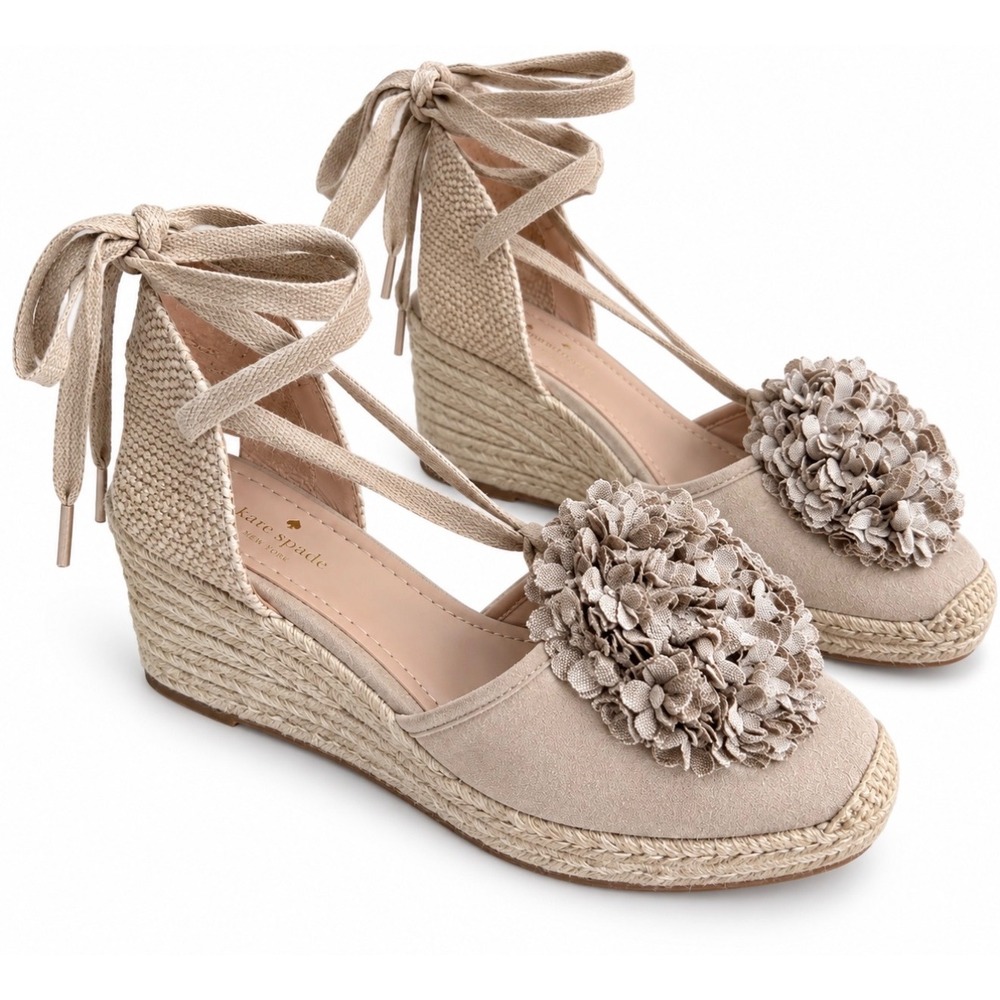 Kate Spade NY Floral Espadrille Wedge Sandals Beige Flower Ankle Tie Size 8